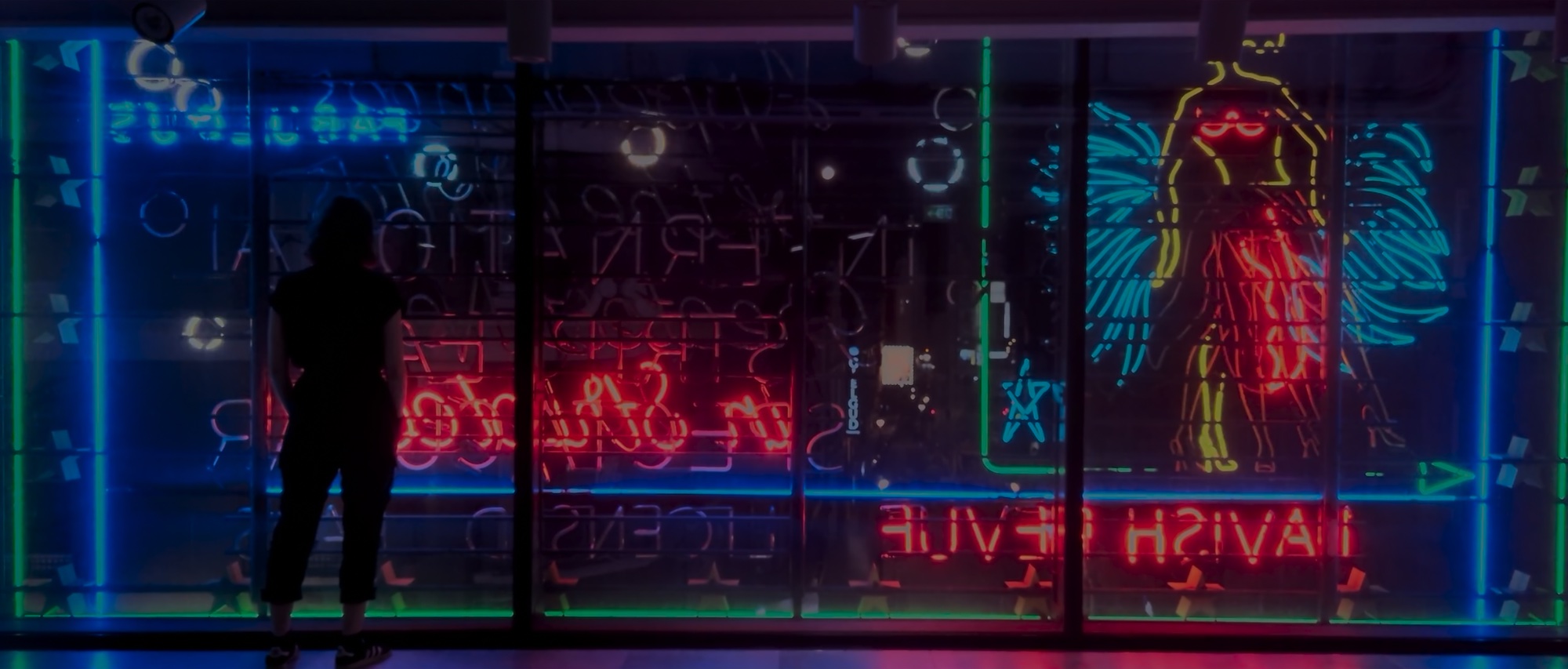 Silhouette against a wall of pink and blue neon signs in Soho