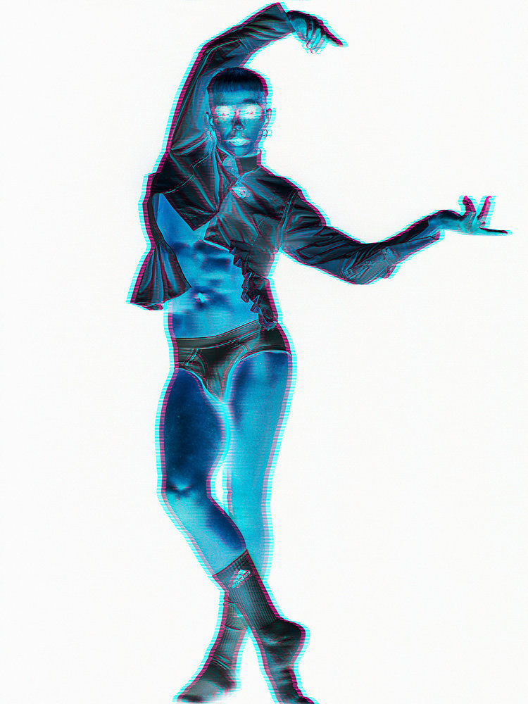 Model on a high-key white ground with the colour channels split, from the fashion film 'Where the Elevator Takes Us'