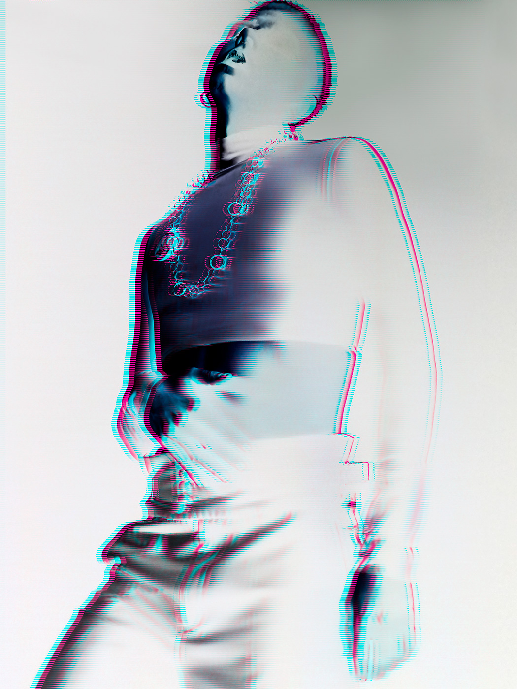 Model arched back on a high-key white ground, from 'Where the Elevator Takes Us'