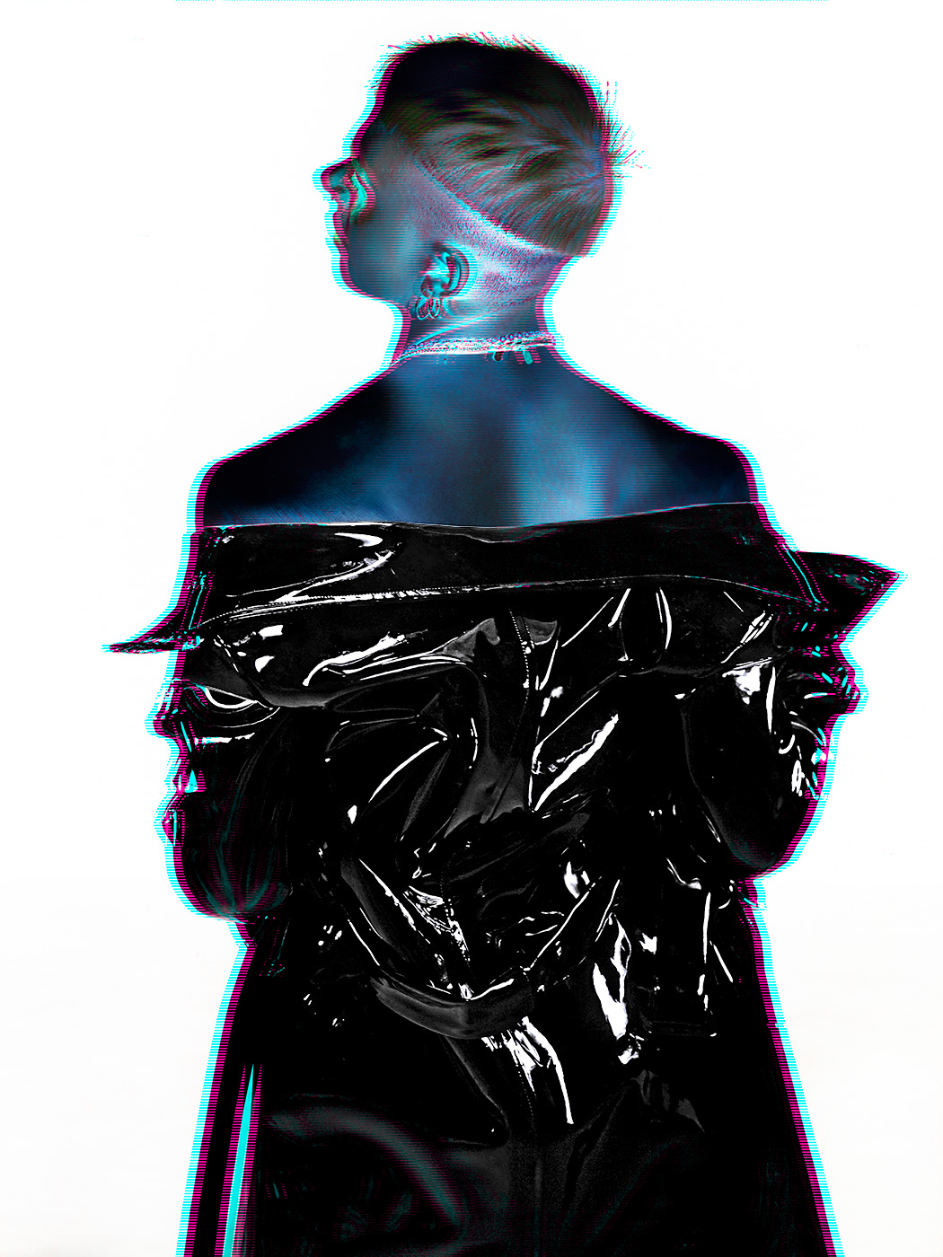 Black patent jacket against blown-out white, shot from behind, from 'Where the Elevator Takes Us'