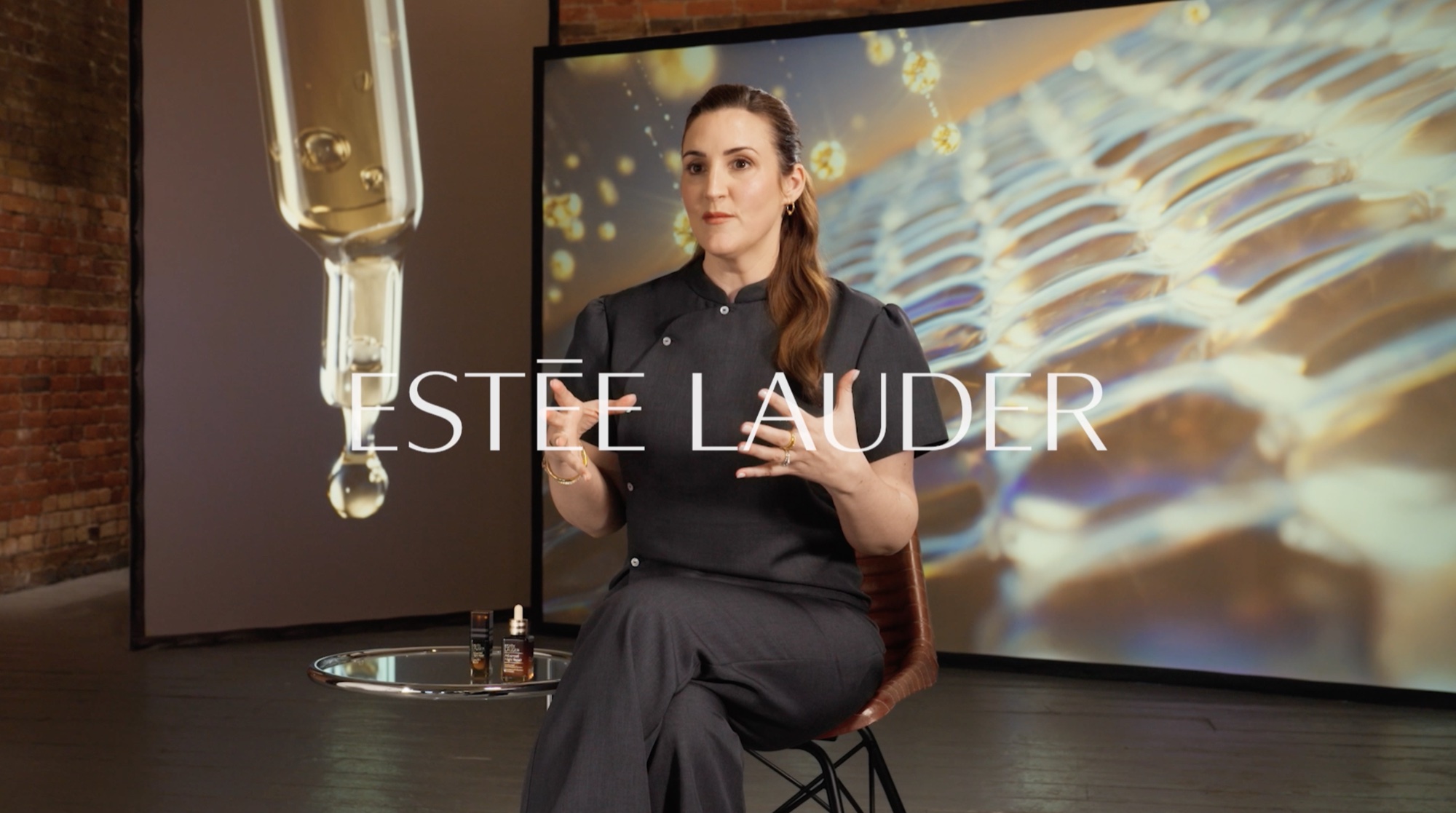 Estée Lauder Advanced Night Repair commercial, interview set with projected serum macro imagery
